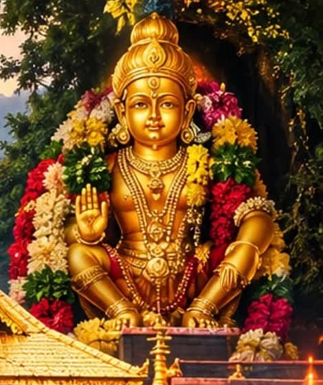 Lord Ayyappa idol adorned with flower garlands at Sabarimala