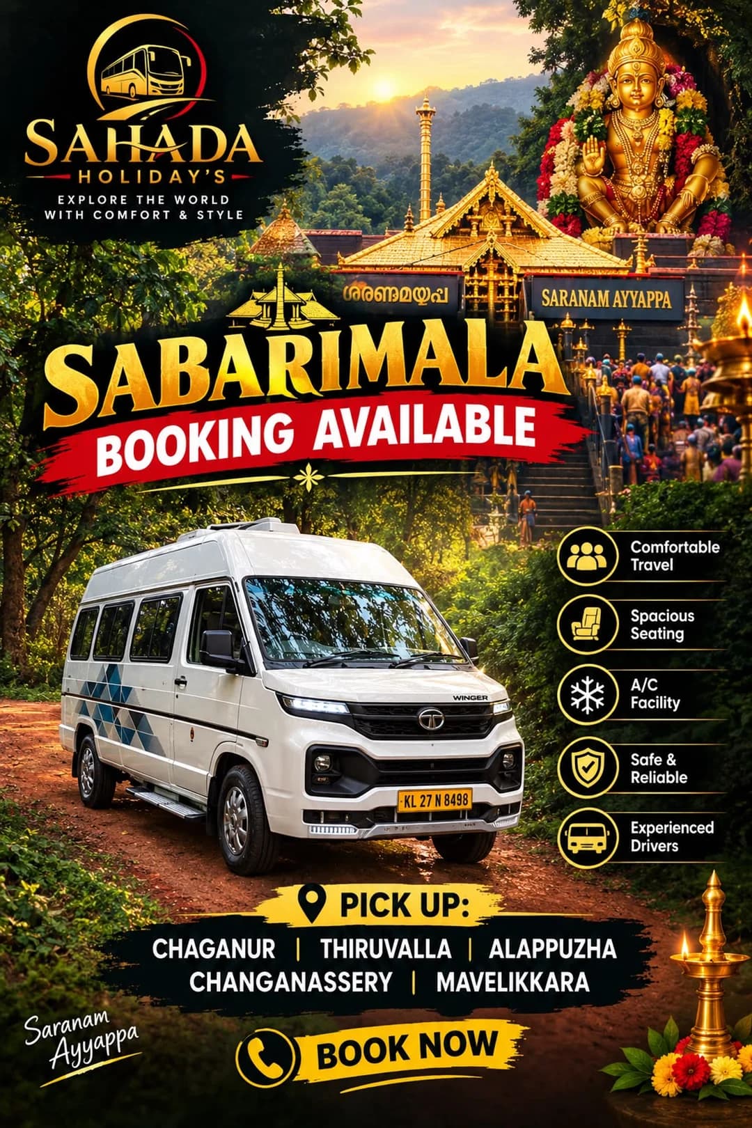 Sahada Holiday's Sabarimala booking poster with Tata Winger van and pickup points