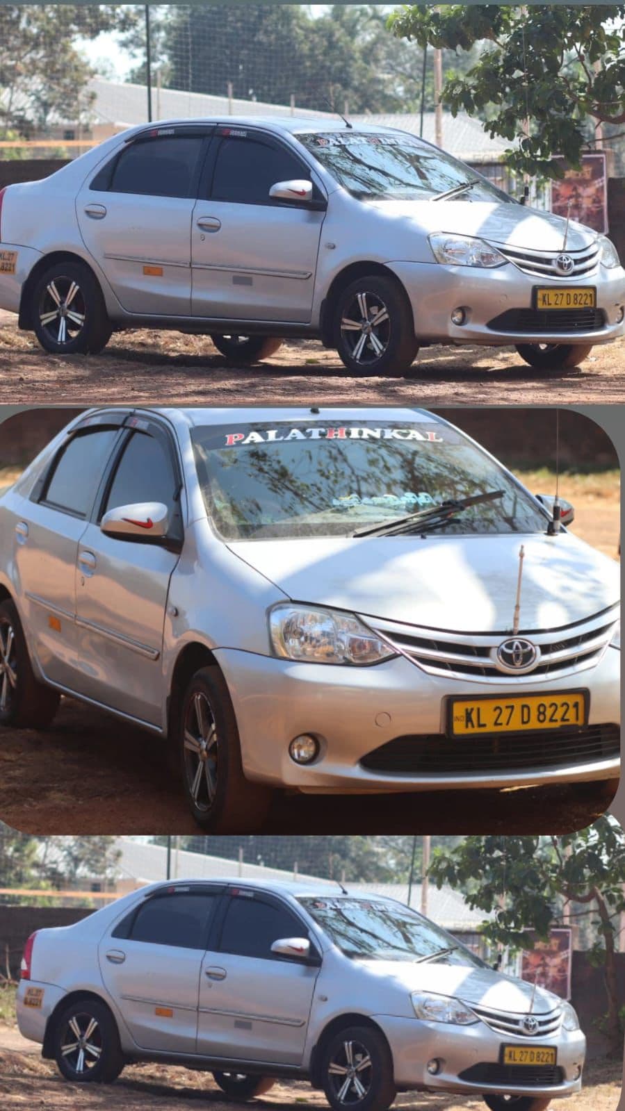 Toyota Etios — three-panel composite showing side, front and rear angles